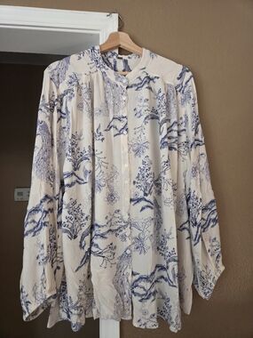 Free People LARGE Cream Blouse with Blue Floral Toile Print